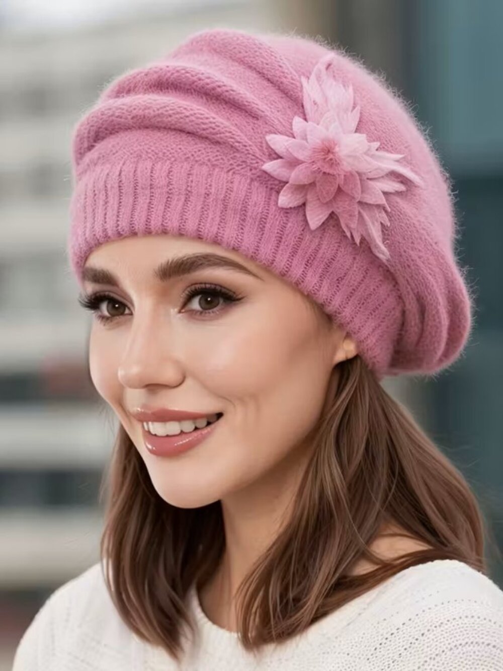 Pink Women's Slouchy Beanie Beret Hat Winter Lined Floral Chemo Cap Warm